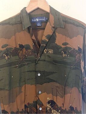 Ralph Lauren Women’s Vintage Button Down Shirt Sz 4 Equestrian Polo Print Rayon